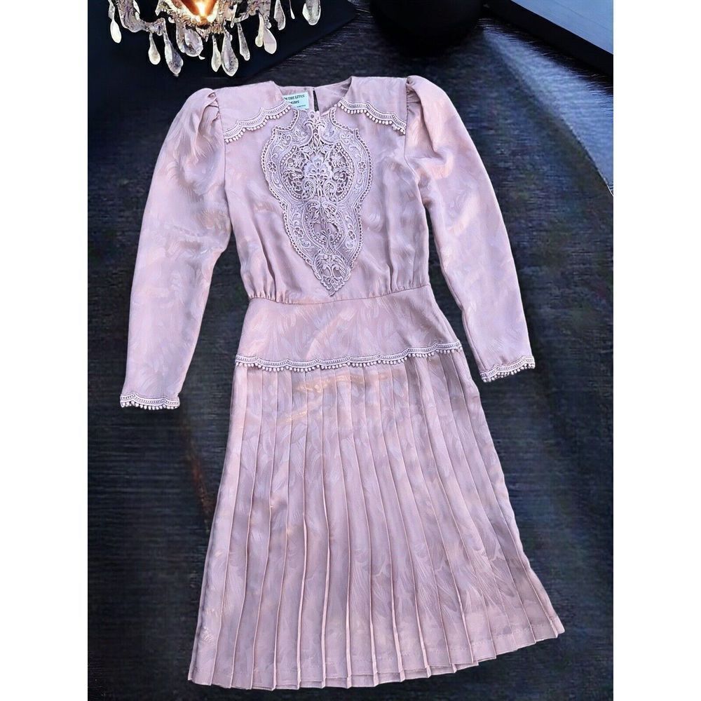 Vtg 80s Dim The Lites Petite Paris Light Pink Victorian Style Pleated Dress Sz 4
